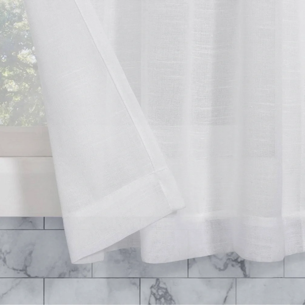 (2) Slub Textured Linen Blend Cafe Curtain White Set 56x24” Cottage Rod Pocket